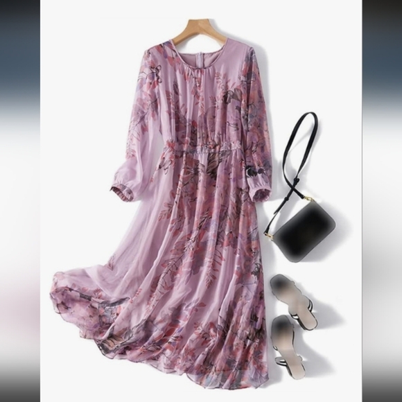Feminine Fairycore Silk Floral and Butterfly Pastel Purple Whimsical Midi Dress - Picture 3 of 13